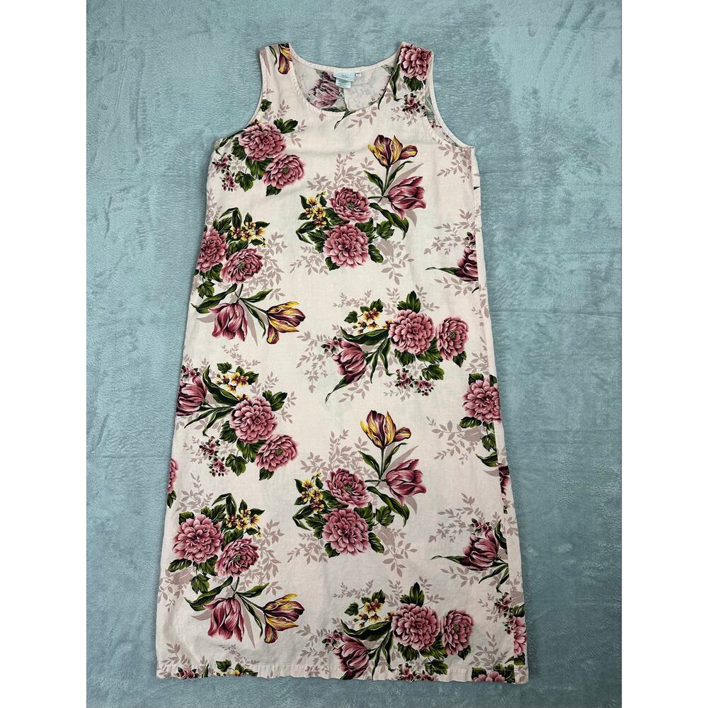 Vintage 90s Hot Cotton Marc Ware Pink Floral Maxi Dress XL Linen Cotton Blend - Picture 1 of 6